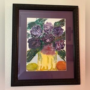 Signed Original Impressionist Style Floral Fruit Still Life Watercolor Painting